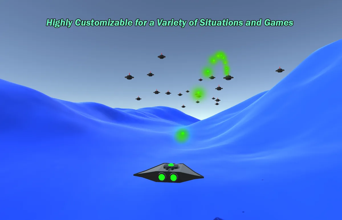 PLAC demo: spaceship turrets firing at targets