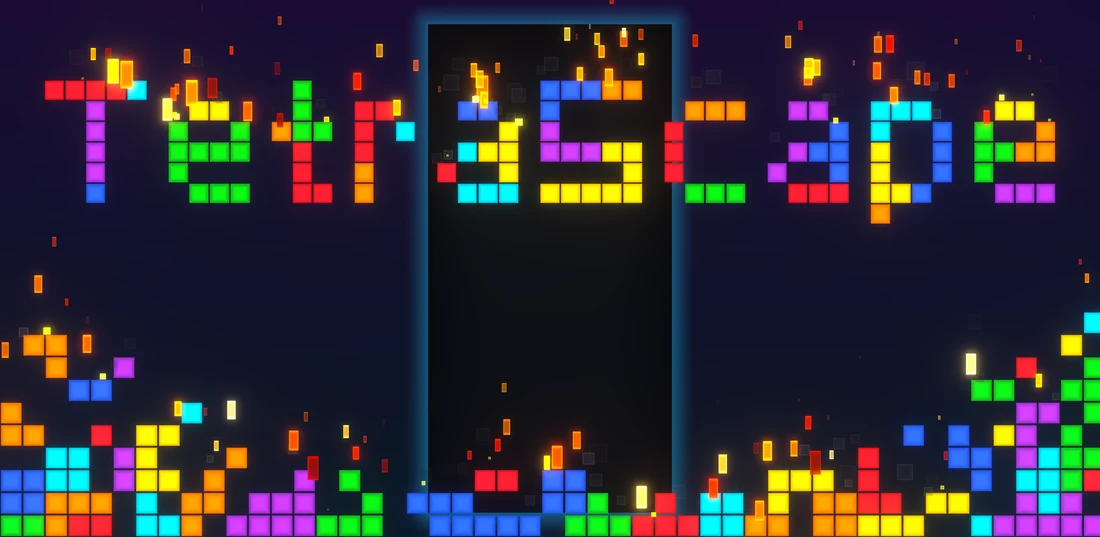 The TetraScape title spelled out in glowing colored tiles above an empty game board, with stacks of blocks along the bottom