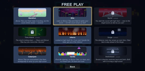 The Free Play menu: nine game modes, each with its own pixel-art scene, four of them still locked.