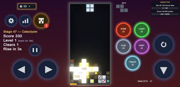 A cross Bonus Tile going off in a cross-shaped blast, with dynamite, star and other Bonus Tiles all around it.